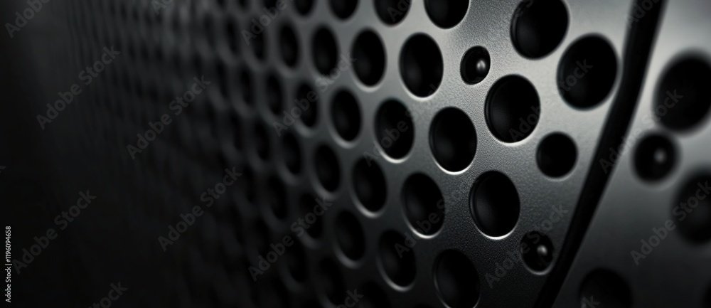 Black metal background with round holes, close-up. Black metal background with round holes, close-up.
