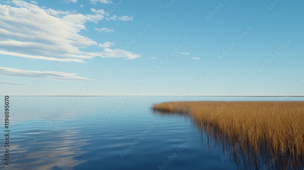 Calm lake with golden reeds Calm lake with golden reeds