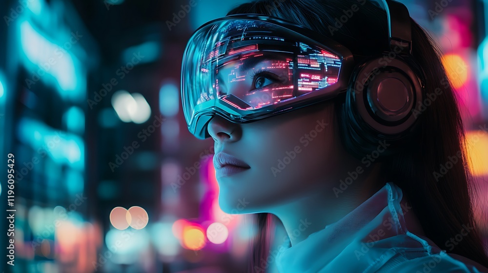 Cyberpunk Woman in Neon City: Exploring Virtual Reality Cyberpunk Woman in Neon City: Exploring Virtual Reality