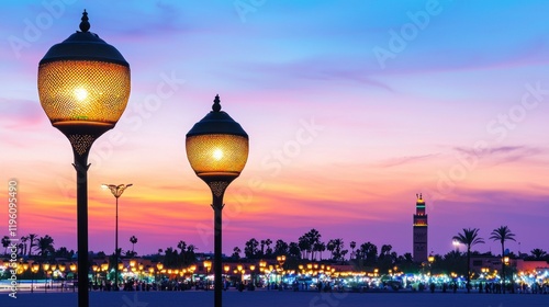 Sunset cityscape with illuminated lamps