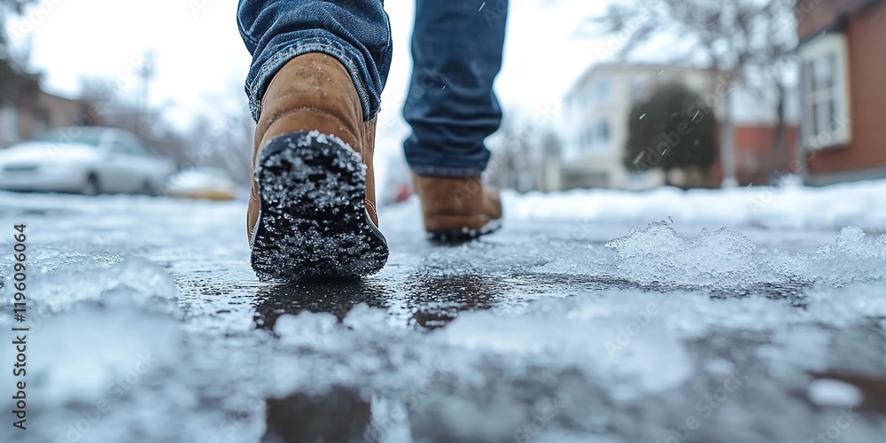 A person is walking on an icy street, wearing jeans and brown shoes with black soles. A person is walking on an icy street, wearing jeans and brown shoes with black soles.