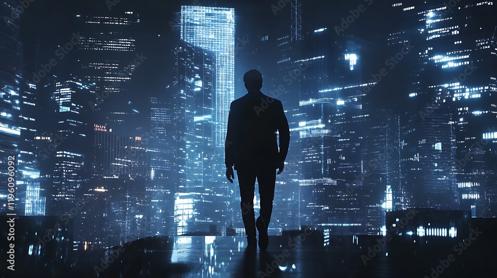 Silhouette of a Man Walking Towards a Futuristic Cityscape at Night Silhouette of a Man Walking Towards a Futuristic Cityscape at Night