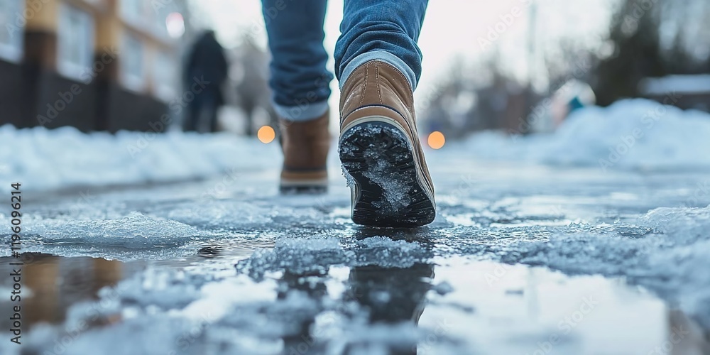A person is walking on an icy street, wearing jeans and brown shoes with black soles. A person is walking on an icy street, wearing jeans and brown shoes with black soles.