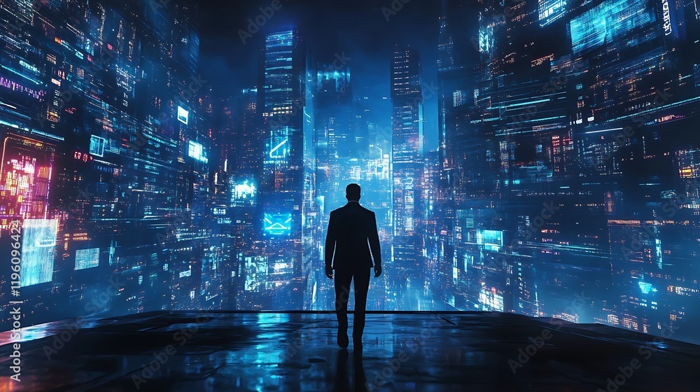 Cyberpunk Cityscape: A Man's Journey into the Digital Metropolis Cyberpunk Cityscape: A Man's Journey into the Digital Metropolis