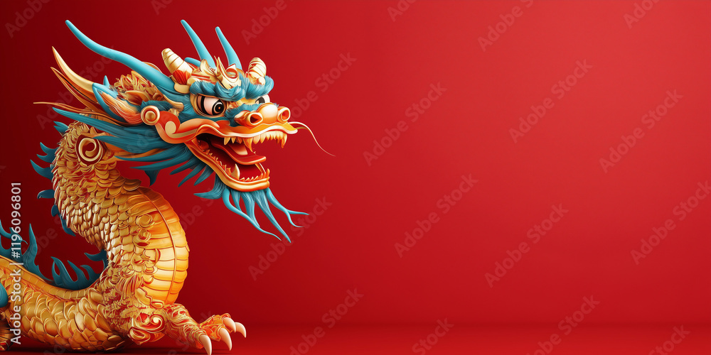 Fototapeta premium Chinese Dragon with Blue Scales on Red Background. Chinese New Year. Lunar New Year