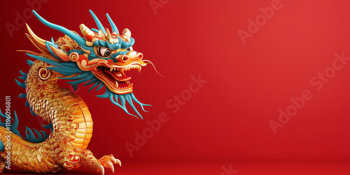 Wallpaper Mural Chinese Dragon with Blue Scales on Red Background. Chinese New Year. Lunar New Year Torontodigital.ca