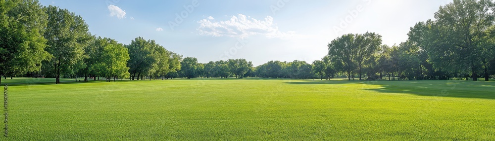Scenic golf course landscape with lush green fairways, trees and a clear blue sky Scenic golf course landscape with lush green fairways, trees and a clear blue sky