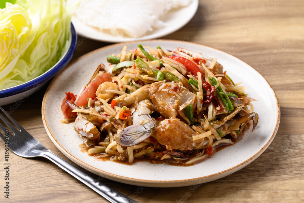 Spicy papaya salad with blue crab (Som Tum), Thai food Spicy papaya salad with blue crab (Som Tum), Thai food