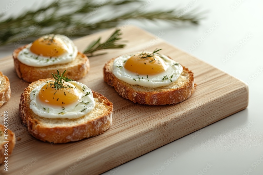 Sunny-side up eggs on toasted bread slices, garnished with rosemary sprigs, served on a wooden board. Sunny-side up eggs on toasted bread slices, garnished with rosemary sprigs, served on a wooden board.