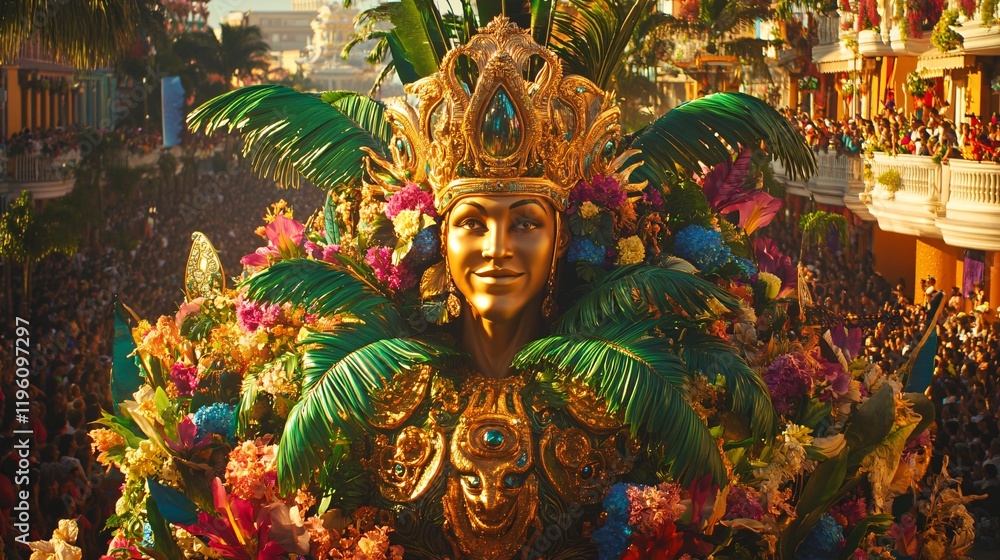 Fototapeta premium Magnificent Carnival Parade Float with Ornate Golden Mask and Colorful Flowers, Surrounded by Cheerful Crowds on Decorated Streets, Celebrating the Splendor of Brazilian Culture