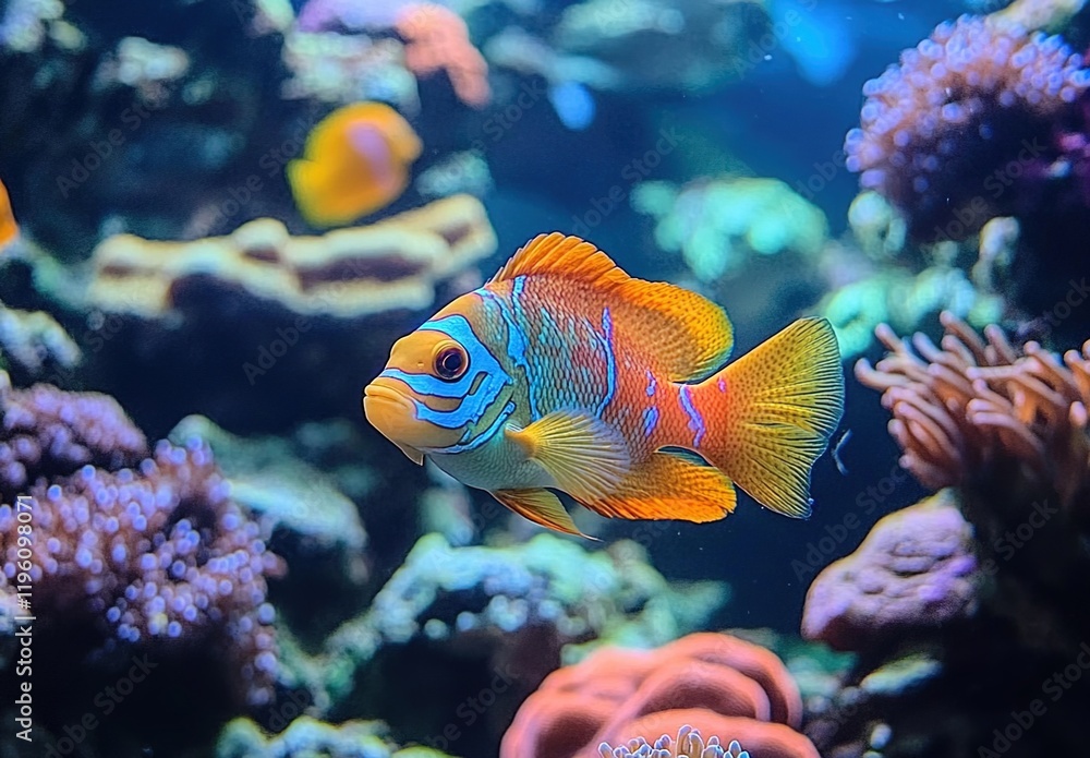 Obraz premium Colorful fish swimming in an aquarium surrounded by coral reefs, marine life, and sea creatures.