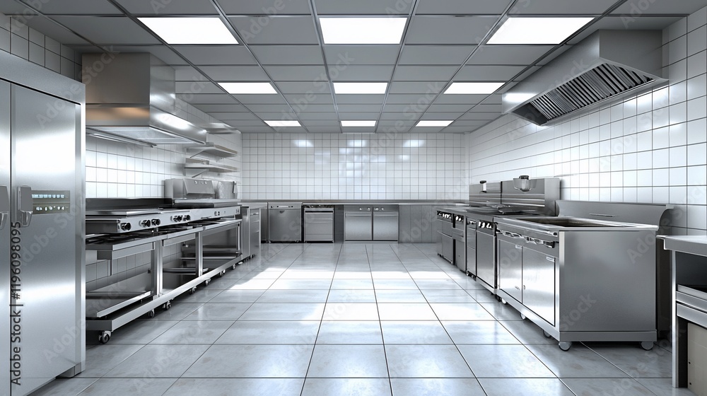 Obraz premium Modern stainless steel commercial kitchen interior.