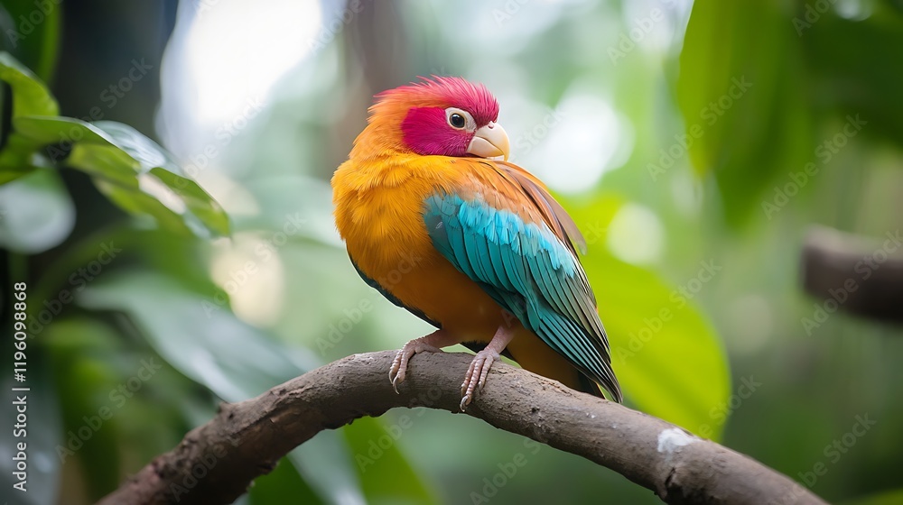 Vibrant Parrot Perched on Branch in Lush Greenery Vibrant Parrot Perched on Branch in Lush Greenery