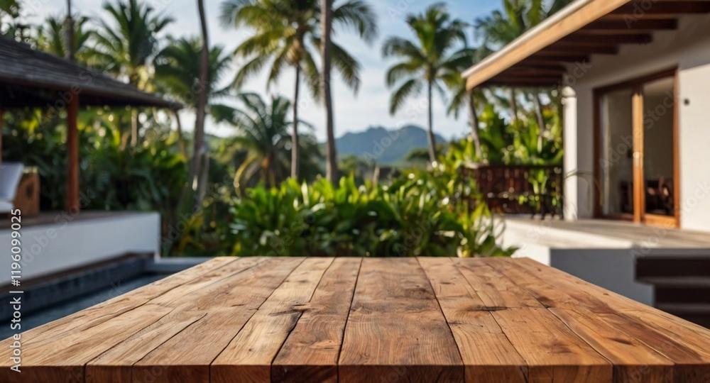 Empty wood table top on a tropical home terrace setting with a blurred background. The focus is on the table surface. Empty wood table top on a tropical home terrace setting with a blurred background. The focus is on the table surface.