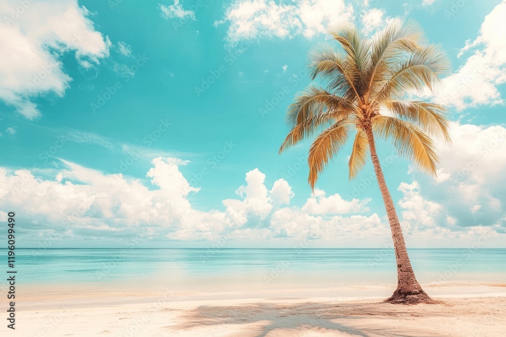 Obraz premium Scenic coral beach with palm tree sky outdoors tropical.