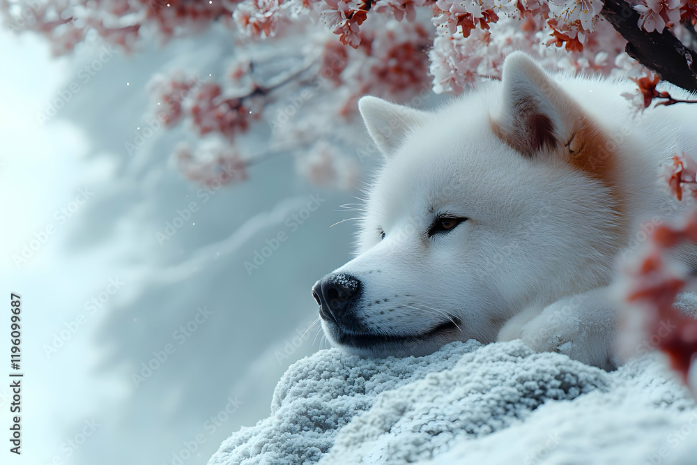 Obraz premium White Dog in Cherry Blossoms Illustration