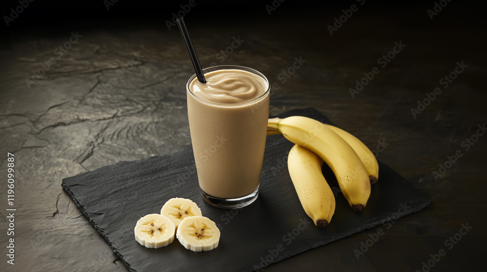 a creamy banana smoothie in a glass with a straw isolated on a stone table background, high-angle view a creamy banana smoothie in a glass with a straw isolated on a stone table background, high-angle view