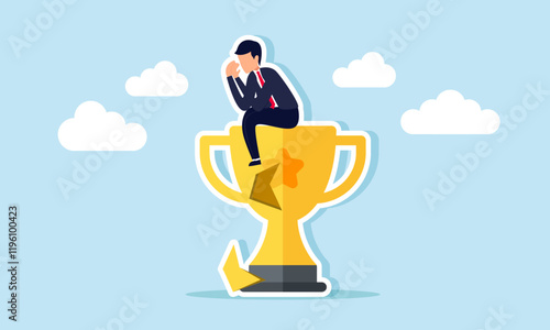 Businessman feeling disappointed and sad, sitting on a broken trophy, illustration of frustration in maintaining the title as a leading company dominating market share
