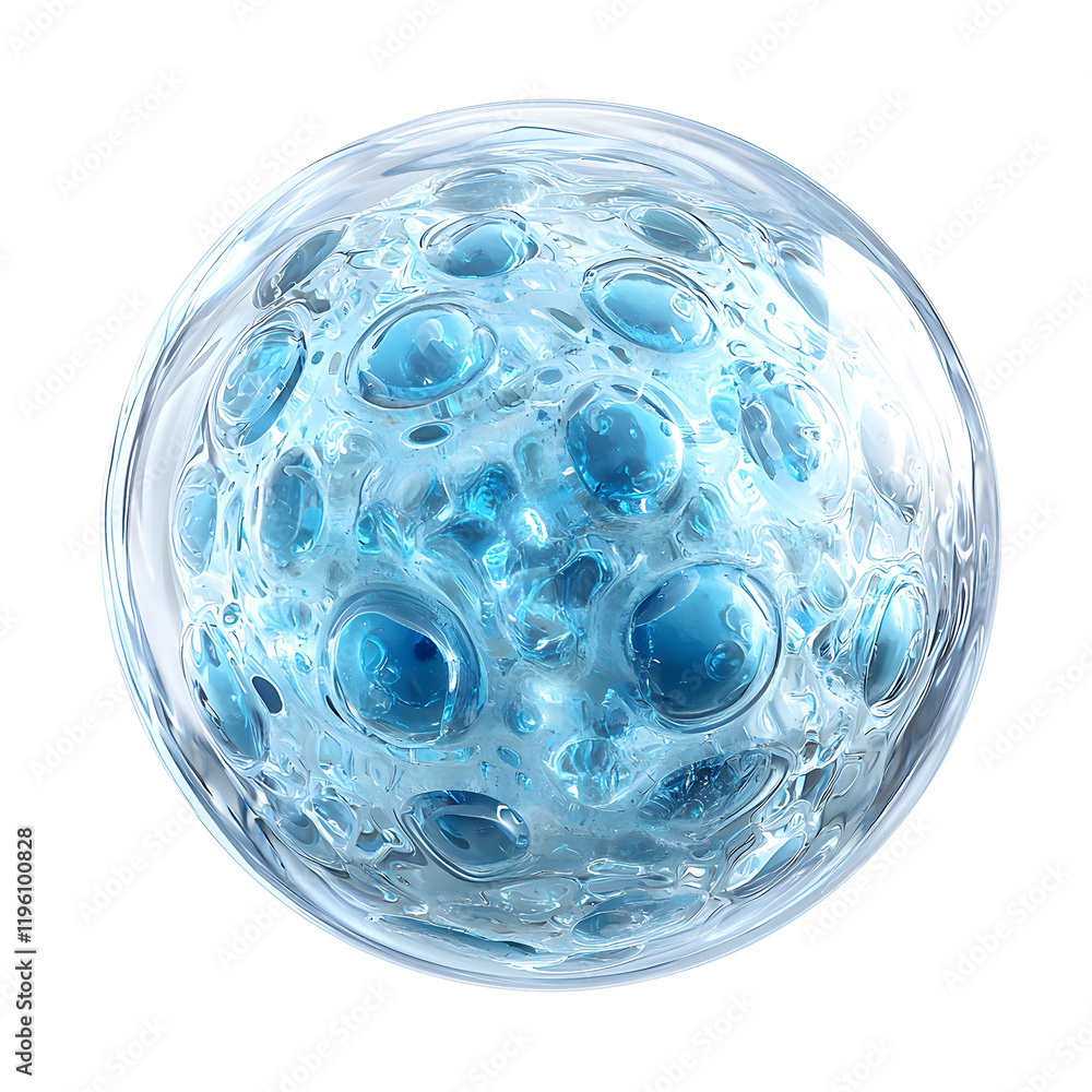 A transparent circular liquid bubble with a blue center skin care
A transparent circular liquid bubble with a blue center skin care