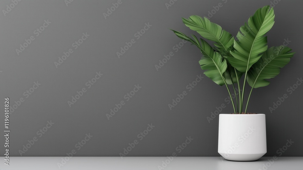 Potted green plant with large leaves in a white ceramic pot placed on a gray surface Potted green plant with large leaves in a white ceramic pot placed on a gray surface