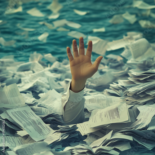 Human hand asks for help sticks of pile of paper, bureaucracy co 