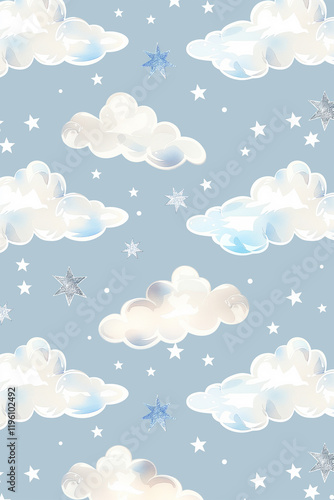 White and blue clouds and stars floating on light blue sky seamless pattern