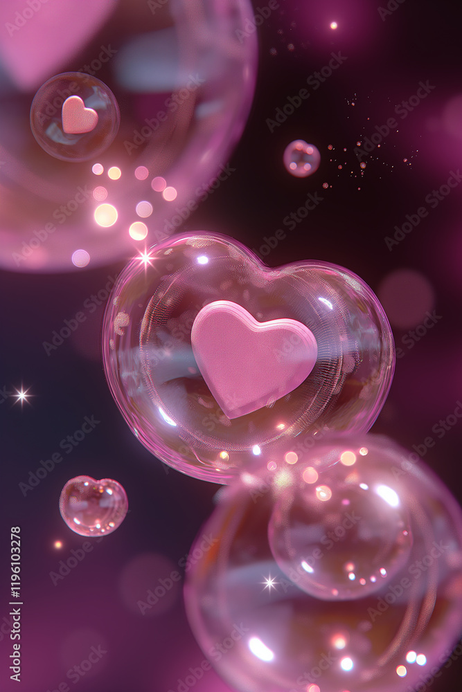 Pink hearts floating inside soap bubbles creating a romantic atmosphere Pink hearts floating inside soap bubbles creating a romantic atmosphere