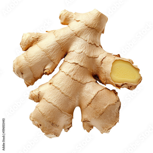 Fresh ginger root with textured surface and cut section revealing its yellow interior, showcasing its natural form and earthy tones