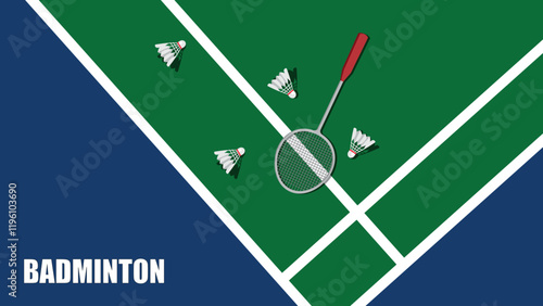 Top view of badminton equipment on green and blues court. Badminton racket and shuttlecocks. Badminton game setup. Flat design vector background illustration