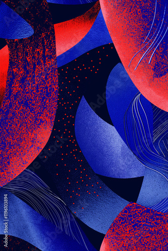 Abstract background featuring dynamic interplay of red and blue shapes with t...