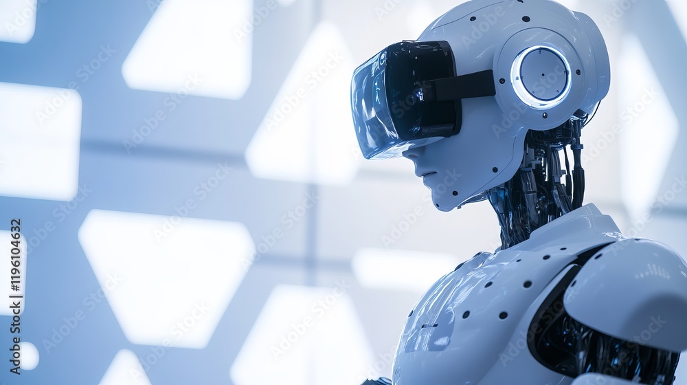 Fototapeta premium A robot operating a state-of-the-art virtual reality setup in a futuristic gaming lounge with immersive VR equipment, clean and immersive environment, VR-tech style