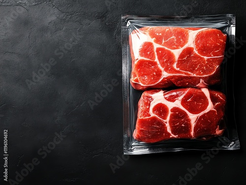 Two fresh raw meat cuts in vacuum-sealed packaging on a dark textured background. photo