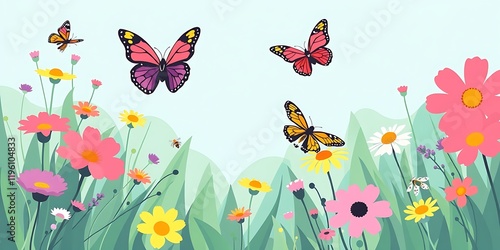 A serene spring meadow with vibrant wildflowers, butterflies, and bees. Clean lines, electric vivid colors, balanced symmetry, and visual clarity