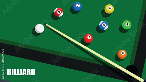 Top view of pool balls and cue on green table. Billiard table with balls and cue stick. Snooker or pool equipment game setup. Flat design vector background illustation