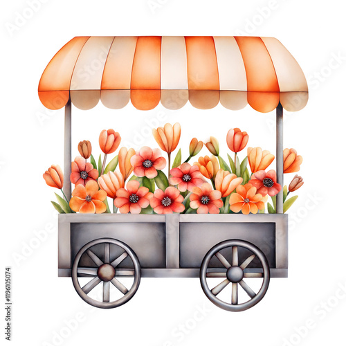 Vintage Flower Cart with Blooming Orange Tulips Under a Striped Canopy for Seasonal and Garden-Themed Designs