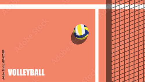 Top view of volleyball equipment on floor. Volleyball and net on court surface. Volleyball game setup. Flat design vector background illustation