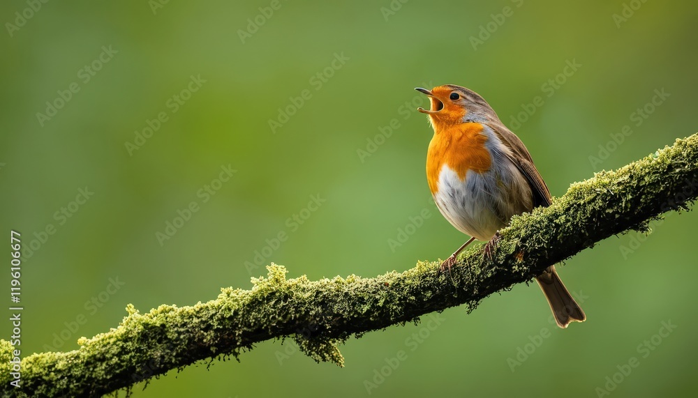 Robin Singing on a Moss-Covered Branch in a Lush Green Setting Robin Singing on a Moss-Covered Branch in a Lush Green Setting