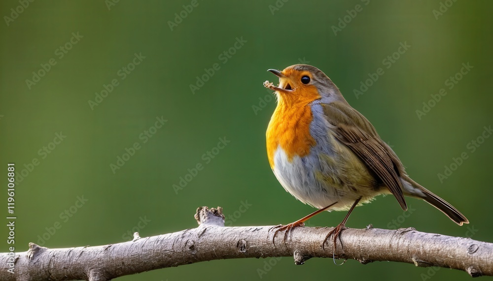 Robin Singing on a Moss-Covered Branch in a Lush Green Setting Robin Singing on a Moss-Covered Branch in a Lush Green Setting