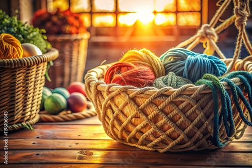 Rustic Wire Basket Overflowing with Macrame Cords and Ropes - Craft Supplies Stock Photo photo