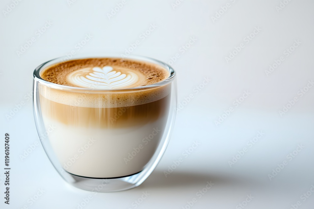 Modern glass coffee cup with double walls displaying layers of cappuccino on white background, capturing its smooth and frothy texture for elegant, artistic, beverage photography concepts. Modern glass coffee cup with double walls displaying layers of cappuccino on white background, capturing its smooth and frothy texture for elegant, artistic, beverage photography concepts.