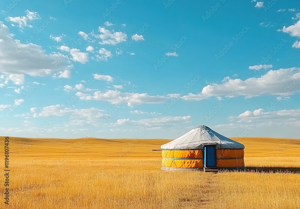 Photo of a Mongolian yurt in the middle of a yellow grassland, with a beautiful blue sky. Photo of a Mongolian yurt in the middle of a yellow grassland, with a beautiful blue sky.