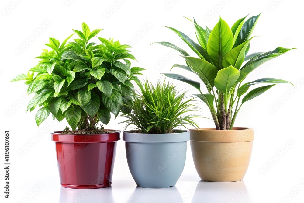 Three Potted Indoor Plants, White Background, Copy Space Left Three Potted Indoor Plants, White Background, Copy Space Left