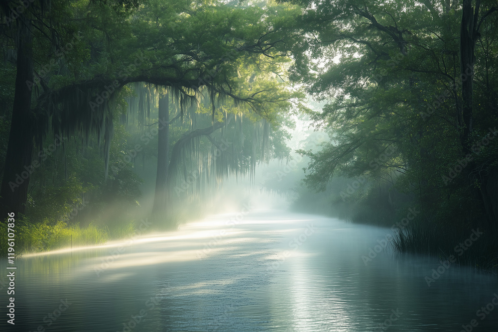 Looping Bayou Trail with Soft Boat Glimmers Creating a Misty and Peaceful Scene Looping Bayou Trail with Soft Boat Glimmers Creating a Misty and Peaceful Scene