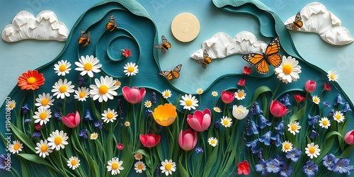 Rich deep teal layered papier-mâché sculpture of a serene spring meadow. Textured layers, vibrant colors depict daisies, tulips, bluebells, butterflies, and bees under a bright sky