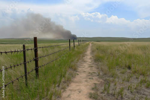 Old-Fashioned Barbed Wire Fence on a Cattle Range, Symbolizing Rural Heritage photo