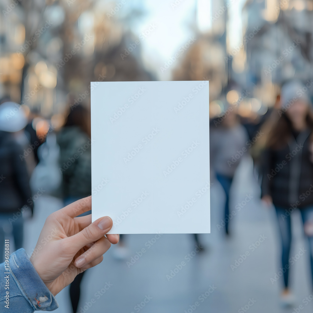 Hand Holding Blank White Paper in Blurred City Street Background Hand Holding Blank White Paper in Blurred City Street Background