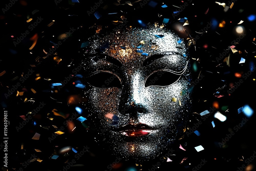 A mysterious, glittering mask surrounded by colorful confetti, creating a dramatic and festive atmosphere. A mysterious, glittering mask surrounded by colorful confetti, creating a dramatic and festive atmosphere.