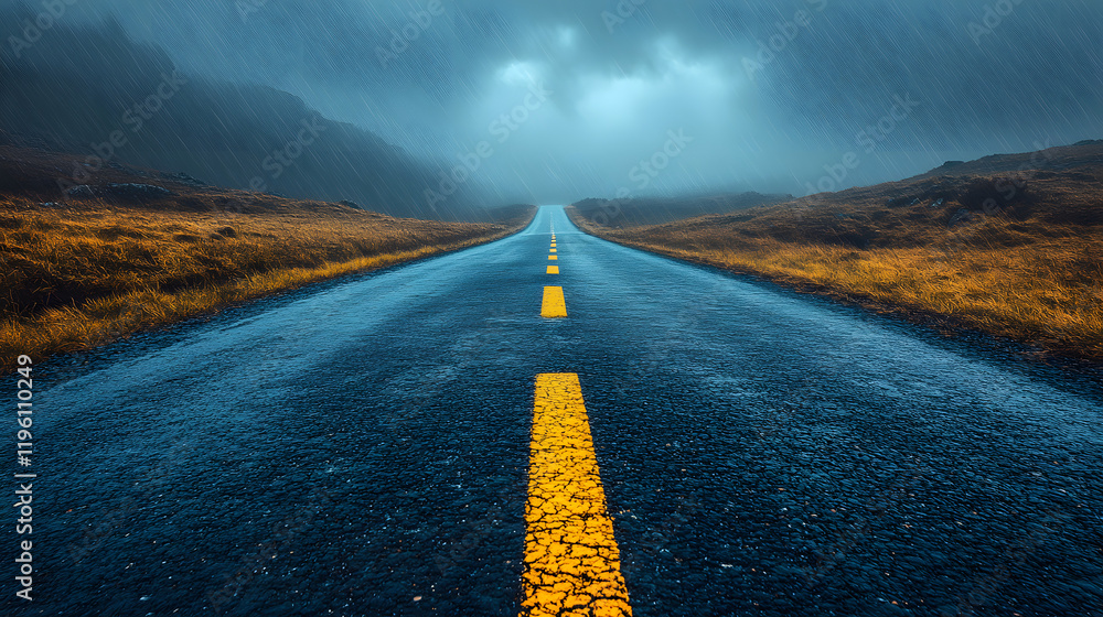 Fototapeta premium A road with a yellow line and a cloudy sky. The road is wet and the sky is overcast