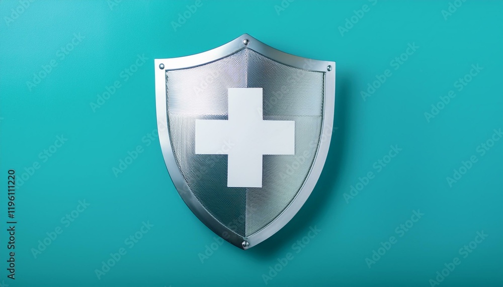 Fototapeta premium Metal shield with a white cross on teal background. Health protection concept.