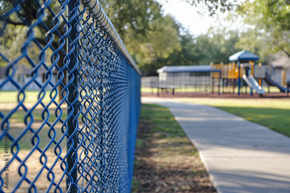 Fototapeta premium Classic Chain Link Fence at a Community Park with Clean Concrete Pathway